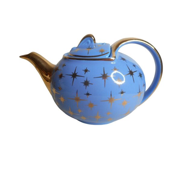 EUC VTG 1950s Hall Periwinkle Blue & Gold Atomic Starburst 6 cup Teapot 0749GL - Picture 3 of 8